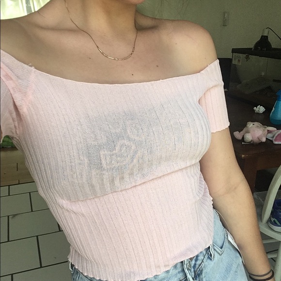 Straight neck off the shoulder baby pink top - Picture 5 of 7